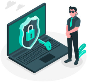 Laptop with lock and key with guard watching it