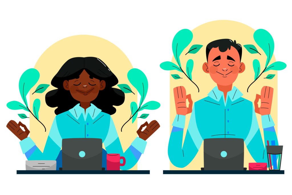 Two people sitting at laptops with coffee meditating